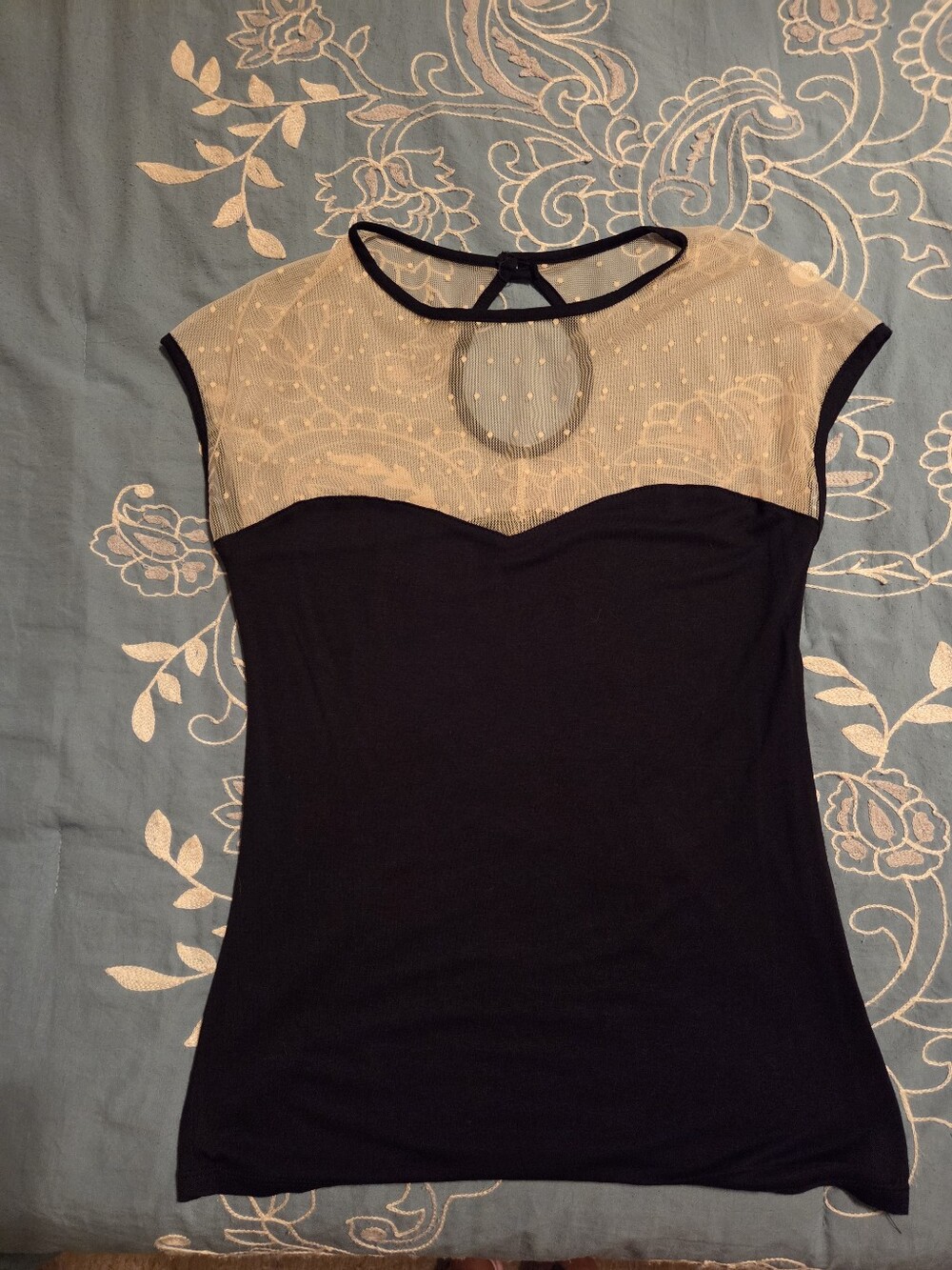 Vintage Inspired Sheer Yoke Black Tank Top with Polka Dot Mesh